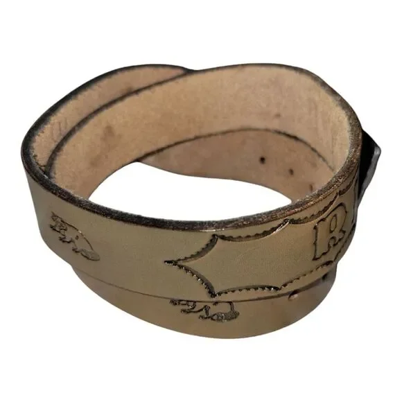 Vintage Bergamont brass works 1984 Raccoon imprinted leather belt and buckle